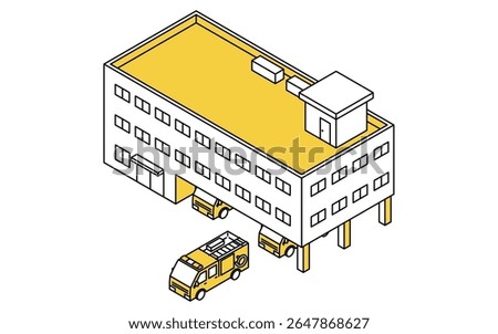 Isometric line art illustration of a fire station and fire truck in a simple isometric style, Vector Illustration