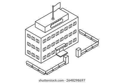 Isometric line art illustration of a government office with a national flag displayed, black and white, Vector Illustration