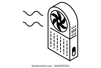 Isometric line art illustration of a handheld fan, simple summer cooling device icon, black and white, Vector Illustration