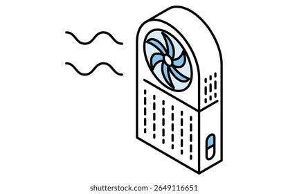 Isometric line art illustration of a handheld fan, simple summer cooling device icon, Vector Illustration