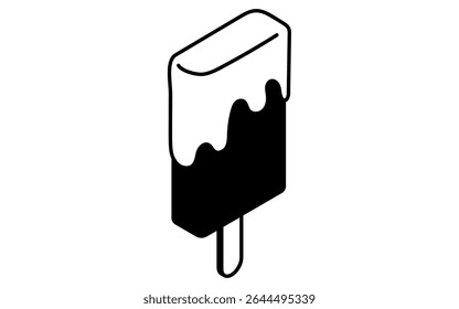 Isometric line art illustration of ice cream topped with milk, simple summer sweet icon, black and white, Vector Illustration