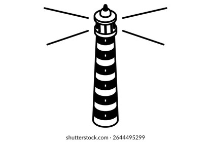 Isometric line art illustration of a lighthouse by the sea, simple summer coastal icon, black and white, Vector Illustration