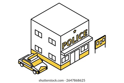 Isometric line art illustration of a police box and patrol car in a simple and minimal design, Vector Illustration