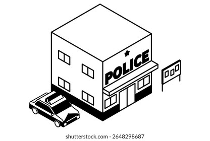 Ilustração isométrica de arte de linha de uma caixa de polícia e carro de patrulha em um design simples e mínimo, preto e branco, Ilustração de vetor
