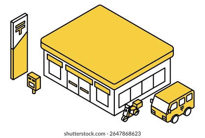 Ilustração isométrica de arte de linha de uma estação de correios, caixa de correio e veículos de entrega, incluindo caminhão postal e motocicleta, Ilustração de vetor