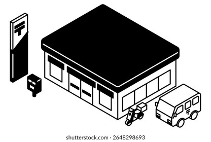 Ilustração isométrica de arte de linha de uma estação de correios, caixa de correio e veículos de entrega, incluindo caminhão postal e motocicleta, preto e branco, Ilustração de vetor
