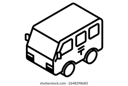 Ilustração de arte de linha isométrica de um caminhão de entrega postal em estilo simples e mínimo, preto e branco, Ilustração de vetor