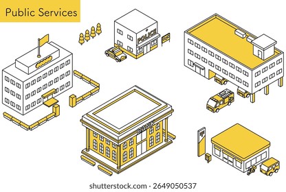 Ilustração da arte da linha isométrica de edifícios e veículos de serviço público, incluindo caixa de polícia, correio, posto de bombeiros, banco, prefeitura, carro de patrulha, caminhão postal e caminhão de bombeiros, Ilustração do vetor