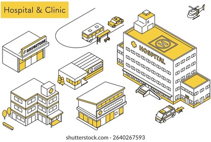 Isometric line art illustration set of medical facilities including a general hospital with doctor helicopter, emergency ambulance, dental clinic, drugstore, small hospital, and bus rotary, Vector