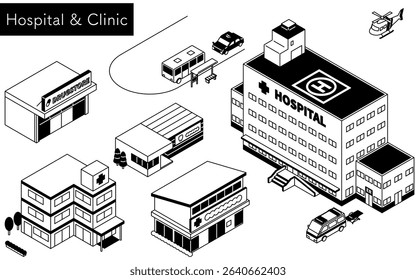 Isometric line art illustration set of medical facilities including a general hospital with doctor helicopter, emergency ambulance, dental clinic, drugstore and bus rotary, black and white, Vector