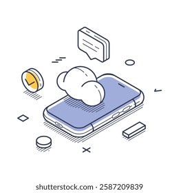 Isometric line art illustration showcases an icon related to internet security, featuring elements like a cloud storage on a mobile device. Vector illustration