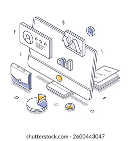 Isometric line art illustration showing various elements of online business. Analytics charts, user profiles, and financial icons, representing digital entrepreneurship. Vector illustration