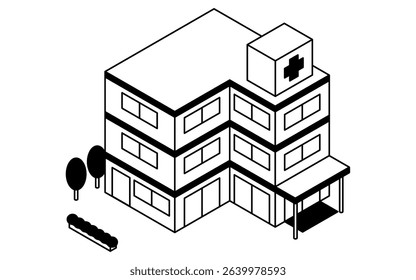 Isometric line art illustration of a simple hospital building with entrance, signage, and medical facility architecture in cityscape, black and white, Vector Illustration