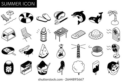 Isometric line art illustration of simple summer icon set including beach, camping, and festival elements, black and white, Vector Illustration