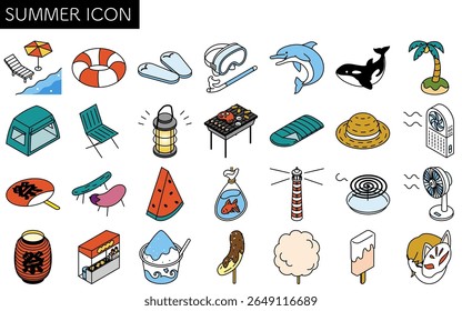 Isometric line art illustration of simple summer icon set including beach, camping, and festival elements, Vector Illustration