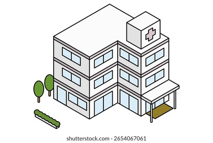 Ilustração isométrica em arte de linhas de um simples edifício hospitalar com entrada, sinalização e arquitetura de instalações médicas na paisagem urbana, Ilustração Vetorial