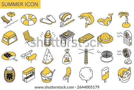 Isometric line art illustration of simple summer icon set including beach, camping, and festival elements, Vector Illustration