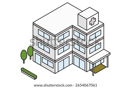 Isometric line art illustration of a simple hospital building with entrance, signage, and medical facility architecture in cityscape, Vector Illustration