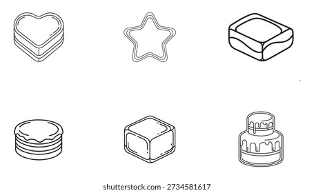 Isometrische Linien-Kunst Illustrationen von verschiedenen Dessert-Formen, mit einem Herzen, Stern, rechteckige Bar, runden geschichteten Kuchen, quadratischen Leckerbissen und einem zweistufigen Kuchen.