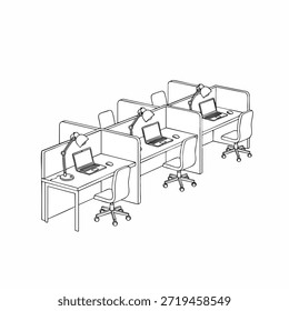Isometric line art of an office setting with computer desks