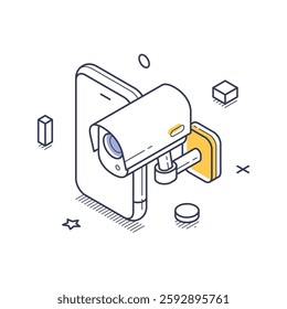 Isometric line art representation of a camera attached to a smartphone, symbolizing personal data monitoring. Modern isometric line art vector illustration