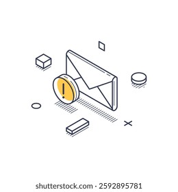 Isometric line art representation of an envelope with an alert symbol, surrounded by geometric shapes. This illustration emphasizes personal data notifications. Vector illustration