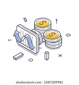 Isometric line art representation of online payments, showcasing currency coins and a financial dashboard. Vector illustration