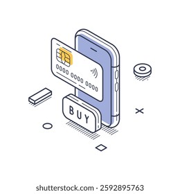 Isometric line art representation of online shopping. A smartphone displays a payment card and a buy button, symbolizing the digital market experience and transaction process. Vector illustration