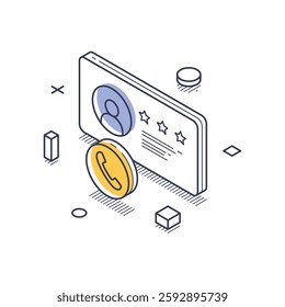 Isometric line art representation of technical support elements, including a user profile and a contact icon surrounded by geometric shapes. Vector illustration