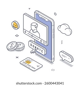 Isometric line art showcasing a smartphone with a donation interface. Surrounding elements include coins and emotive icons symbolizing support and engagement. Vector illustration