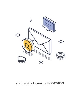 Isometric line art vector illustration showcases various social media communication elements. Vector illustration
