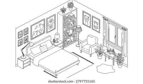 Isometric line art vector illustration of a cozy bedroom featuring a bed, large bookshelf filled with books, an armchair, window with curtains, and various indoor potted plants.