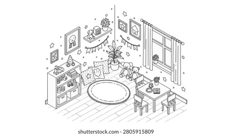 Isometric line art vector illustration of a cozy children's playroom corner featuring toys, a bookshelf, small table with chairs, teddy bears, pillows, and a window.