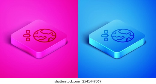 Isometric line Artificial satellites orbiting the planet Earth in outer space icon isolated on pink and blue background. Communication, navigation concept. Square button. Vector