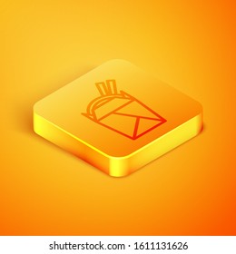 Isometric line Asian noodles in paper box and chopsticks icon isolated on orange background. Street fast food. Korean, Japanese, Chinese food. Orange square button. Vector Illustration