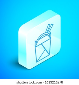 Isometric line Asian noodles in paper box and chopsticks icon isolated on blue background. Street fast food. Korean, Japanese, Chinese food. Silver square button. Vector Illustration
