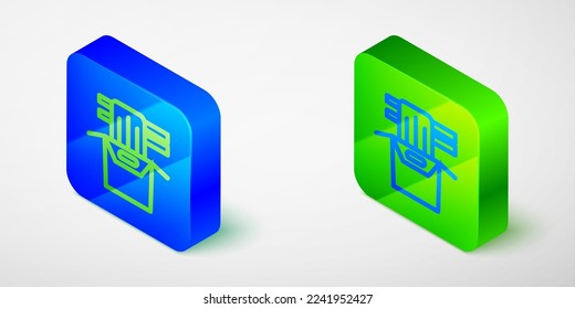 Isometric line Asian noodles in paper box and chopsticks icon isolated on grey background. Street fast food. Korean, Japanese, Chinese food. Blue and green square button. Vector