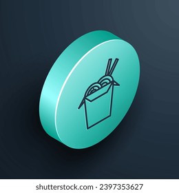 Isometric line Asian noodles in paper box and chopsticks icon isolated on black background. Street fast food. Korean, Japanese, Chinese food. Turquoise circle button. Vector Illustration