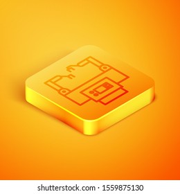 Isometric line Assembly line icon isolated on orange background. Automatic production conveyor. Robotic industry concept. Orange square button. Vector Illustration