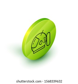 Isometric line Astronaut helmet icon isolated on white background. Green circle button. Vector Illustration