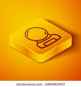 Isometric line Astronaut helmet icon isolated on orange background. Yellow square button. Vector