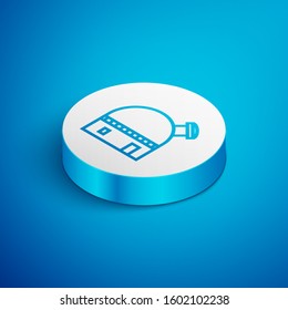 Isometric line Astronomical observatory icon isolated on blue background. White circle button. Vector Illustration
