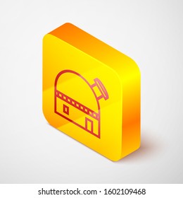 Isometric line Astronomical observatory icon isolated on grey background. Yellow square button. Vector Illustration