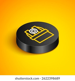 Isometric line Astronomical observatory icon isolated on yellow background. Observatory with a telescope. Scientific institution. Black circle button. Vector