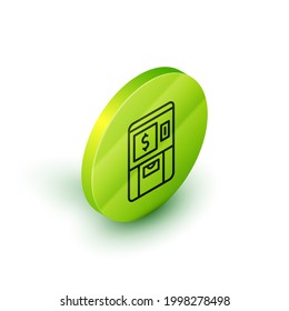 Isometric line ATM - Automated teller machine and money icon isolated on white background. Green circle button. Vector