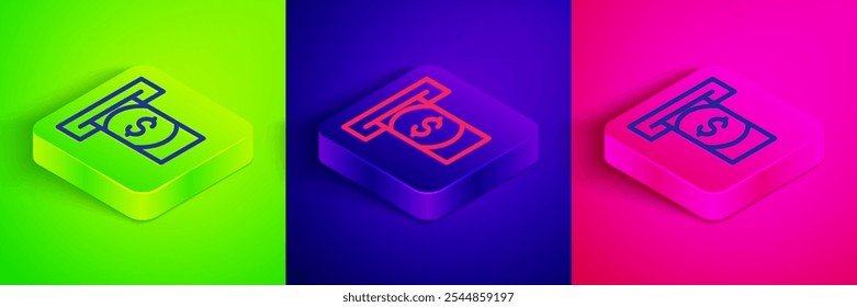 Isometric line ATM - Automated teller machine and money icon isolated on green, blue and pink background. Square button. Vector