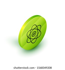 Isometric line Atom icon isolated on white background. Symbol of science, education, nuclear physics, scientific research. Electrons and protons sign. Green circle button. Vector Illustration