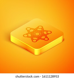 Isometric line Atom icon isolated on orange background. Symbol of science, education, nuclear physics, scientific research. Orange square button. Vector Illustration