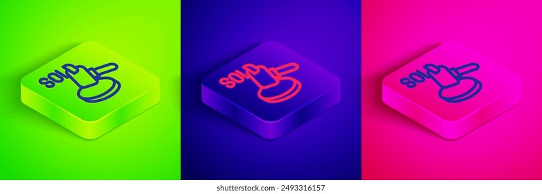 Isometric line Auction hammer icon isolated on green, blue and pink background. Gavel - hammer of judge or auctioneer. Bidding process, deal done. Auction bidding. Square button. Vector