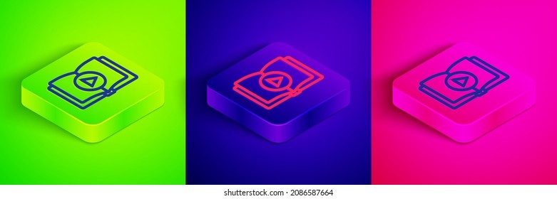 Isometric line Audio book icon isolated on green, blue and pink background. Play button and book. Audio guide sign. Online learning concept. Square button. Vector